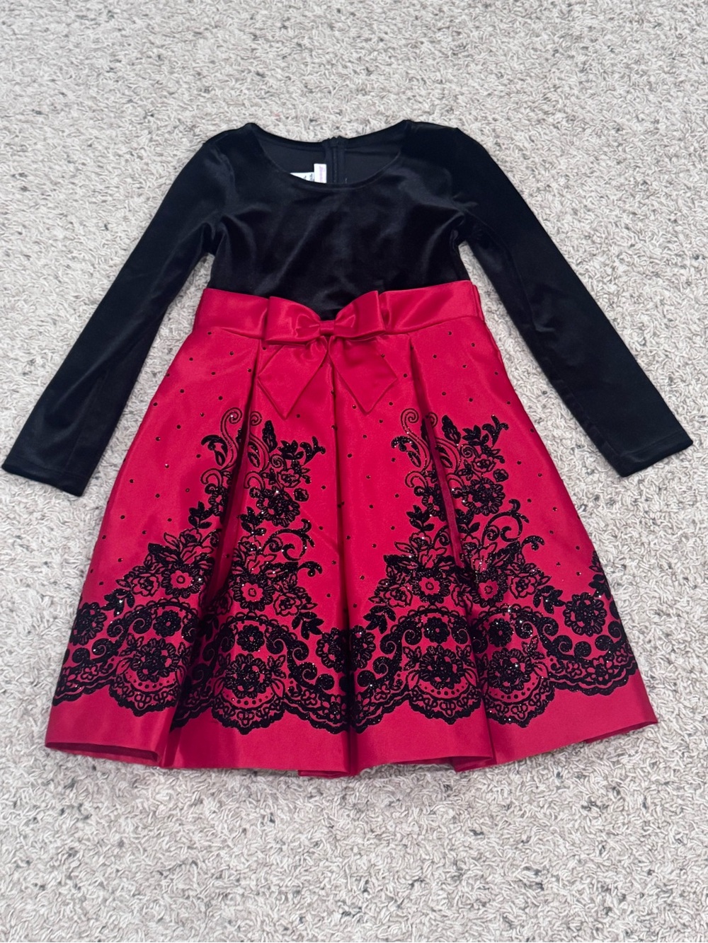 Bonnie Jean Black and Red Long-Sleeve Floral Fit-and-Flare Dress